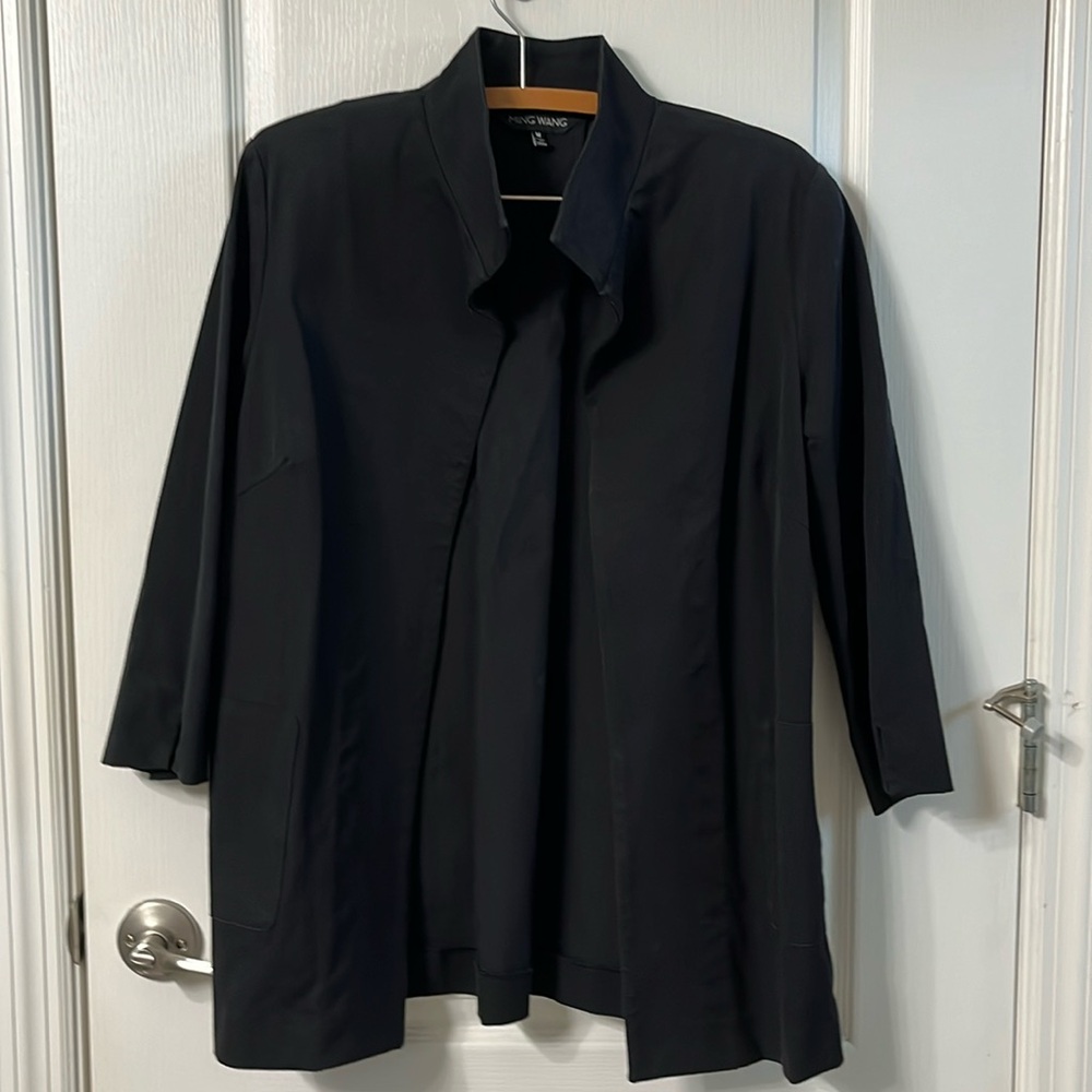 Ming Wang Black Mandarin Collar Open Front Blazer Jacket M